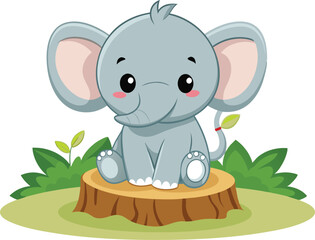 Cartoon baby elephant sitting on tree stump art vector
