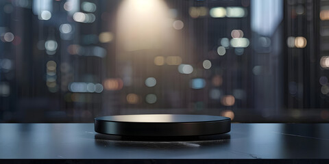 Sleek black podium with a spotlight, set against a blurred cityscape background, ideal for showcasing modern tech gadgets or luxury products 