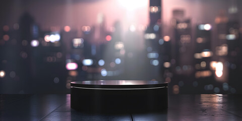 Sleek black podium with a spotlight, set against a blurred cityscape background, ideal for showcasing modern tech gadgets or luxury products 