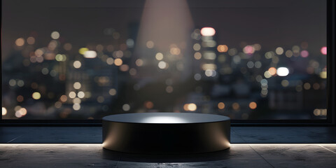 Sleek black podium with a spotlight, set against a blurred cityscape background, ideal for showcasing modern tech gadgets or luxury products 