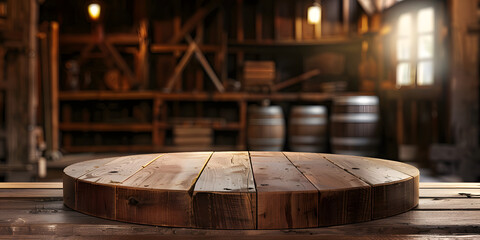 Vintage wooden podium with soft ambient light, set against a blurred rustic barn background, ideal for heritage crafts or artisanal foods 