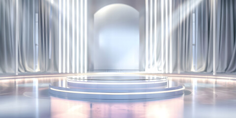 Chic glass podium with subtle lighting, against a blurred high-end boutique background, perfect for luxury beauty products or elegant accessorie
