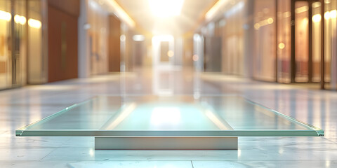 Chic glass podium with subtle lighting, against a blurred high-end boutique background, perfect for luxury beauty products or elegant accessorie