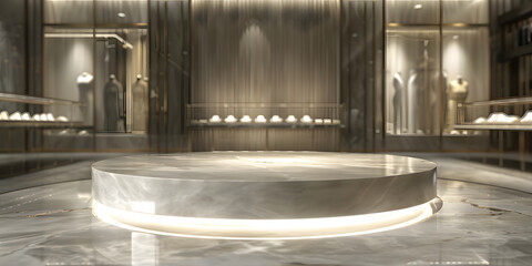 Elegant marble podium with subtle lighting, against a soft-focus background of an upscale boutique, perfect for high-end fashion items or jewelry