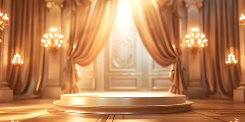 Elegant silk-covered podium with gentle lighting, set against a blurred ballroom background, perfect for luxury fashion items or high-end accessories