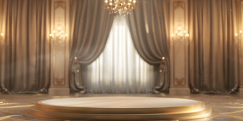 Elegant silk-covered podium with gentle lighting, set against a blurred ballroom background, perfect for luxury fashion items or high-end accessories