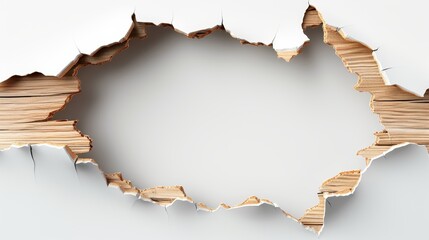 A hole breaking through a wooden wall on a white background, showcasing splintered wood and jagged edges, copy space, mockup