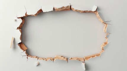 A jagged hole breaking through a wooden wall on a white background