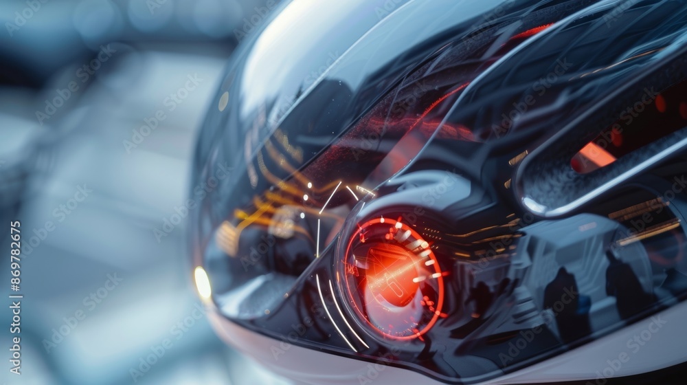 Poster an intricate view of the smart sensors located throughout a bike helmet measuring speed distance and