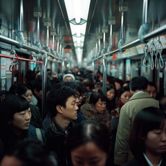 Crowds of Asian people crowd the morning commute to work on the train.