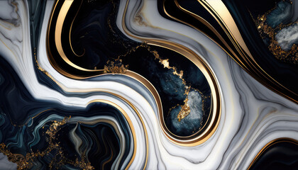 Luxurious Fluid Art Pattern with Black, White, and Gold Wavess – High-Resolution Modern Art Design for Luxury and Stylish Decor and Design