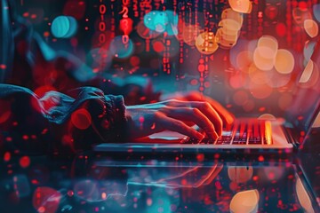 Hacker using abstract laptop with binary code interface.