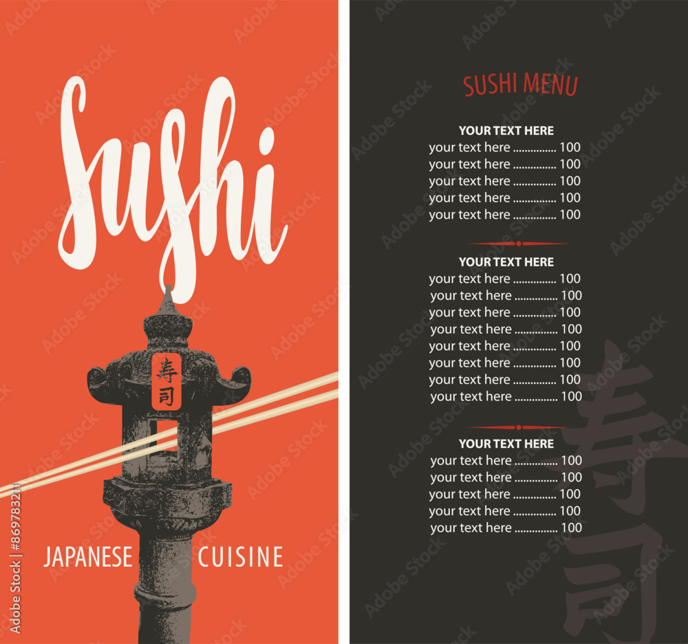 Poster vector menu and price with calligraphic inscription sushi and chopsticks on red background with japa