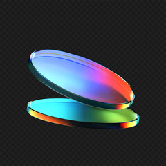 3d glass flying product podium with rainbow, holographic effect isolated on dark background. Render transparent glass cosmetic or award pedestal, disk stage with iridescent gradient. 3d vector figure