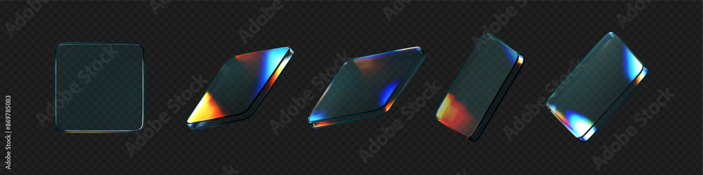 Canvas Prints 3d glass square shapes set with refraction and holographic effect isolated on black background. rend