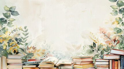 watercolor background with copy space. backdrop with different books, an open book. Background for schoolchildren and students