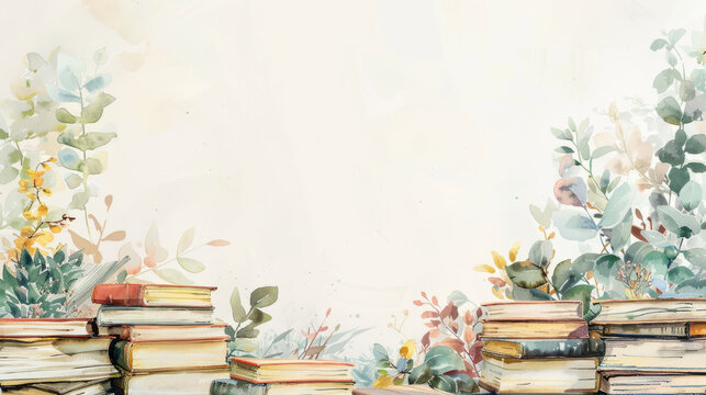 watercolor background with copy space. backdrop with different books, an open book. Background for schoolchildren and students