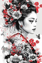 Elegant Asian Woman with Floral Tattoo and Traditional Attire in Black and Red Artistic Illustration