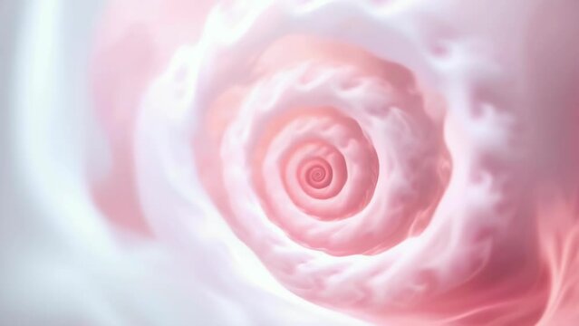 A mesmerizing swirl of pink and white clouds creating a vortex. The image evokes a dreamlike, calming atmosphere with its soft, ethereal textures. Perfect abstract background.