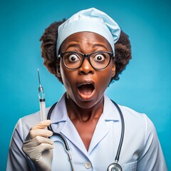 A African nurse wearing an apron and stethoscope and glasses. hold on injection. face reaction wow on a solid background.