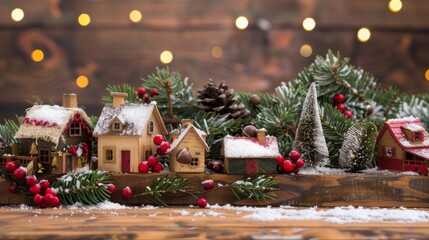 small village Christmas themed, laying on a wooden table, desktop or website background 