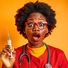 A African nurse wearing an apron and stethoscope and glasses. hold on injection. face reaction wow on a solid background.