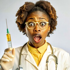 A African nurse wearing an apron and stethoscope and glasses. hold on injection. face reaction wow on a solid background.