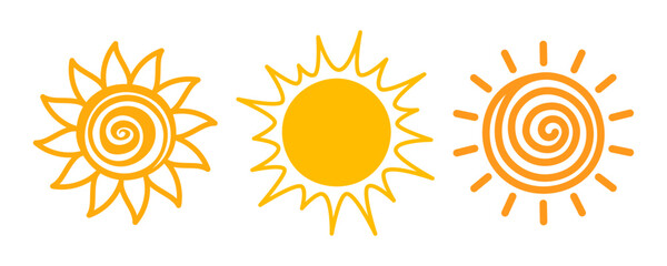 Sun icon set. Yellow sun star sunshine and solar glow, sunrise or sunset collection. Summer. Flat Vector illustration isolated on white background	