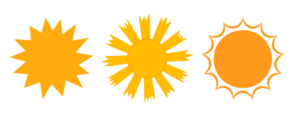 Sun icon set. Yellow sun star sunshine and solar glow, sunrise or sunset collection. Summer. Flat Vector illustration isolated on white background	