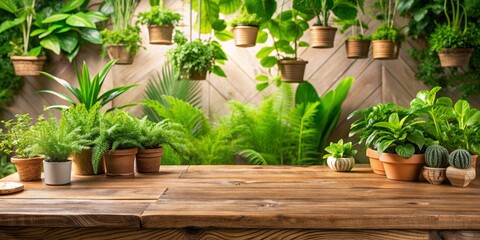 Wooden Tabletop with Green Plants and Pots in a Garden Setting