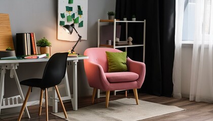 Interior of light kids room with pink armchair and desk