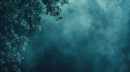 The image features a mysterious, foggy forest scene with tree branches framing the view. The muted blue-green tones create an atmosphere of calm and intrigue