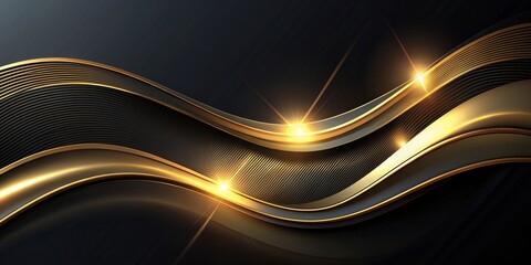 Abstract Black and Gold Wave Background with Glowing Light Effect