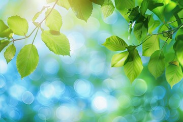 Naklejka premium Blurred green and blue summer foliage background with bokeh.