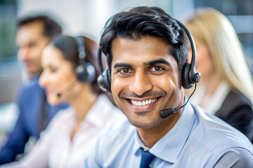 Call center agent, telemarketing operator, smiling at the camera.