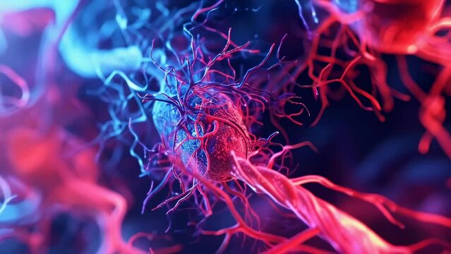 A detailed close-up of neurons and synapses within the human brain, depicted in vibrant red and blue colors. This intricate image highlights the complexity of neural connections and brain activity.