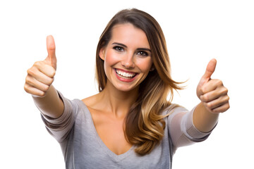 The woman shows thumbs up and smiles - PNG file.