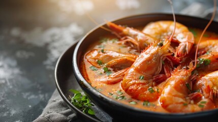 Close-up of a bowl of Tom Yum Shrimp, a spicy Thai soup