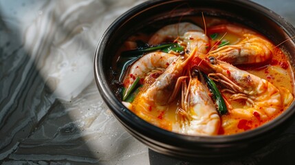 Bowl of Tom Yum Kung soup with shrimp & spicy broth