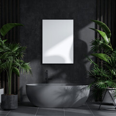 Frame mockup in modern bathroom interior, dark interior with plants