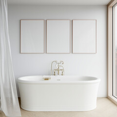 Frame mockup in modern bathroom interior, three frames on white wall