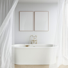 Frame mockup in modern bathroom interior, two frames on the white wall