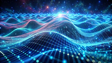Abstract Blue Network Digital Waves with Glowing Lights