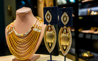 gold necklace and earrings set on display in a store heavy gold jewellery elaborate gold jewelry.