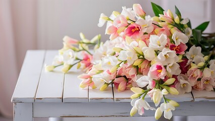 Fresh freesia flowers on wooden table background