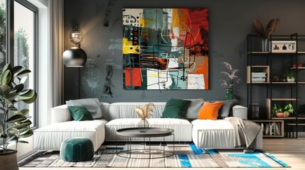 living room wall adorned with a large collage artwork, combining different media to create a visually rich composition