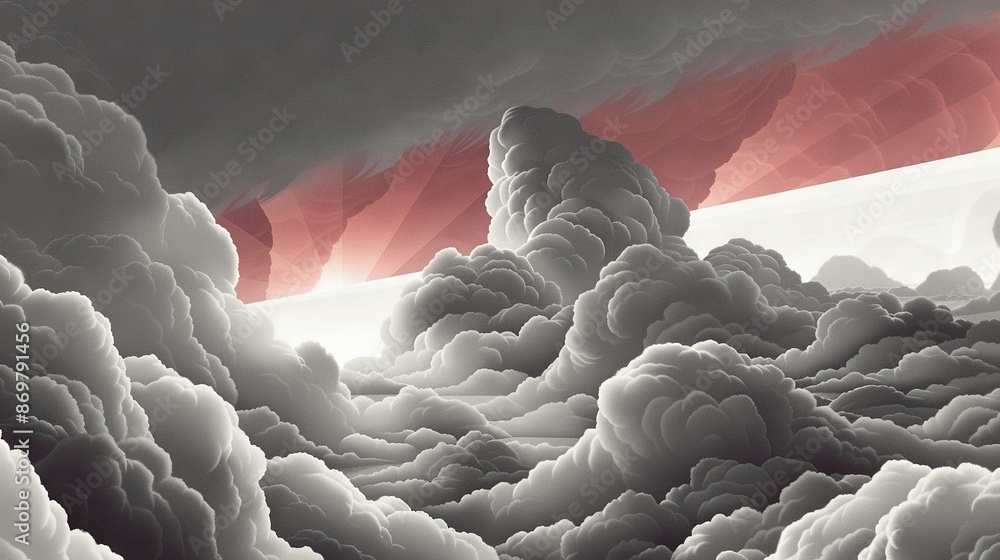 Wall mural a monochromatic image depicting clouds with two red lines dividing the frame