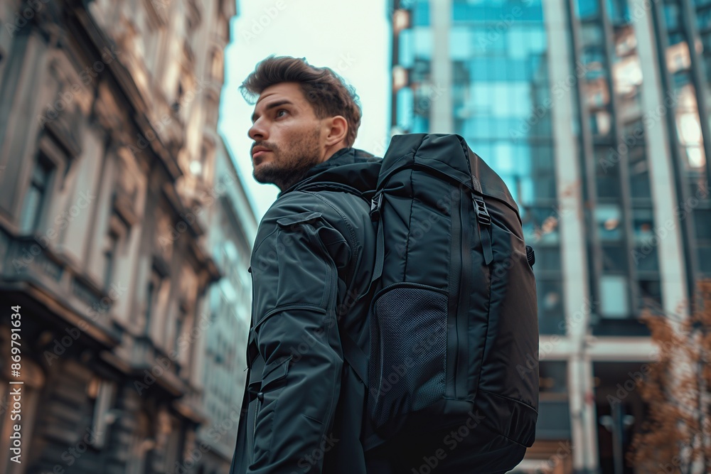 Wall mural Handsome man tourist in fashion clothes and backpack