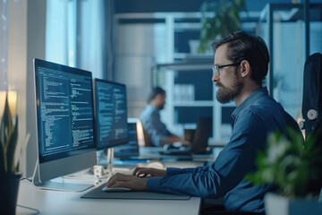 Young man programmer working in office at workplace station
