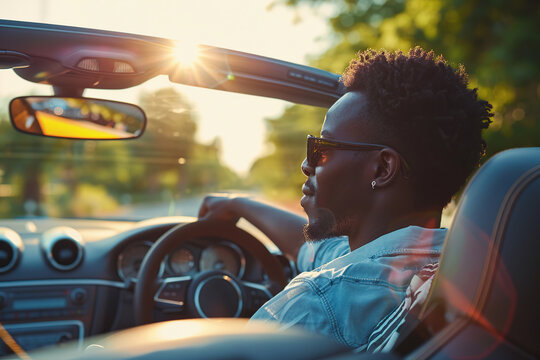 Handsome african american man driving cabriolet car